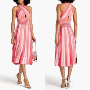 Carolina Herrera Striped Pleated Crisscross Midi Dress Geranium Pink Size Small